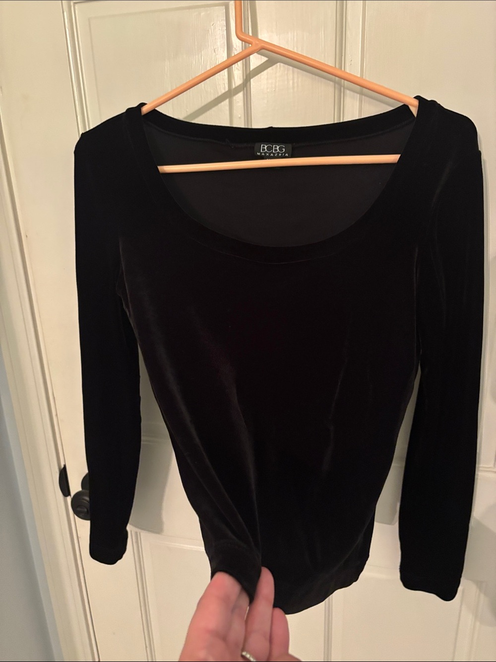 BCBG Black Velvet Long Sleeve Scoop Neck Top